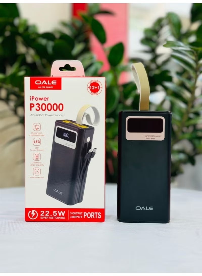 OALE iPower P30000 Power Bank with 2 cables – 22.5W Fast Charging, 4 USB &1 Type-C PD Ports, 2 Built-in Cables(Lightning&Type-C)LED Light, Portable Charger for Camping & Multi-Device Use | Black - Image 2